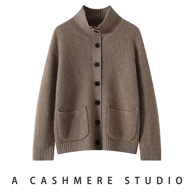 Lekasha Cashmere Half-High Neck Knit Cardigan with Pockets - Thickened Plain Color Top for Autumn/Winter.