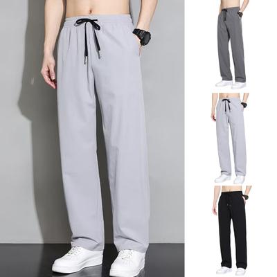 Men Sport Pants Ice Silk Quick-drying Loose Side Pockets Drawstring Elastic Waist Solid Color Gym Traning Jogging Sweatpants Long Trousers