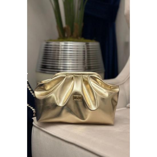 Women's Gold Color Shiny Faux Leather Shoulder Clutch Daily and Evening Bag