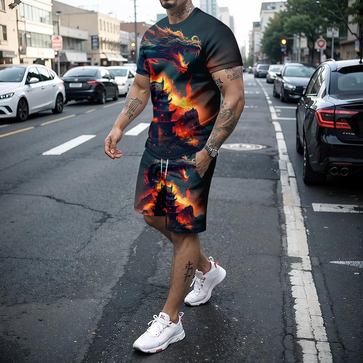 

3DWolf Dragon Animal Print Мужской комплект футболок с круглым вырезом и коротким рукавом Спортивная одежда/топ/шорты Повседневный летний крутой мужской комплект из двух предметов 6XL