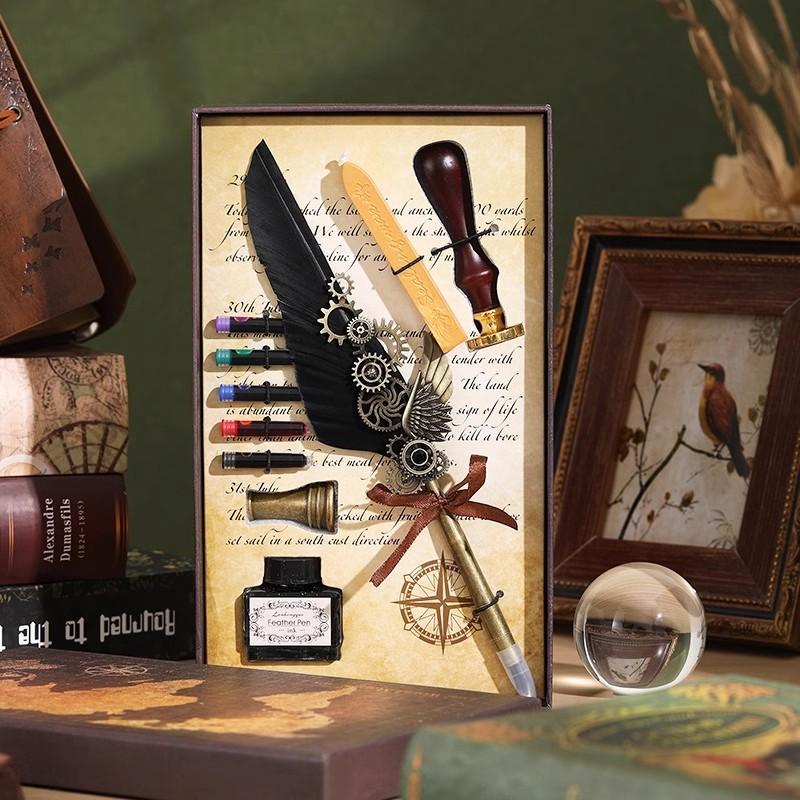 Veer Pen Uil Dip Pen Mechanische Tandwiel Inktzak Pen Geschenkdoos Verjaardagscadeau