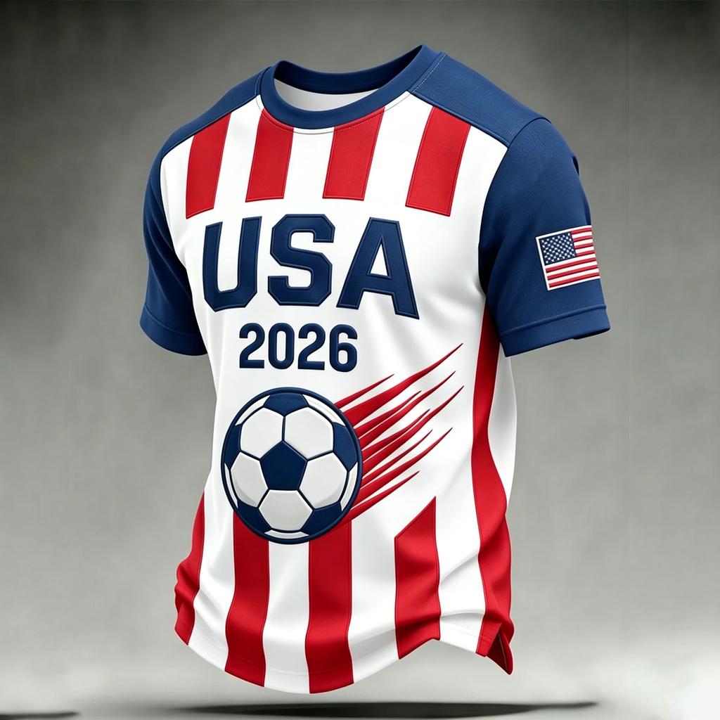 Men's Casual Printed Crew Neck Lightweight Breathable Short Sleeve Shirt Soccer Themed Graphic Design USA Map and Flag Pattern