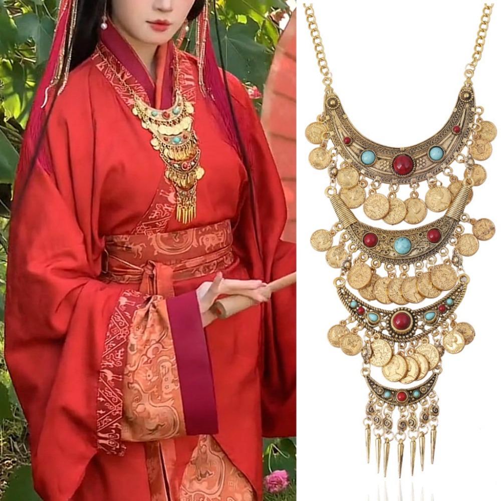 Colorful Stone Bohemia Tassel Necklace Vintage Sweater Chains Tibetan Metal Necklace  Festival