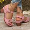 Fashion 2025 New Style Fashionable and Casual Toe Exposed Solid Color Large-sized Round-toe One-line Buckle High-heeled Sandals