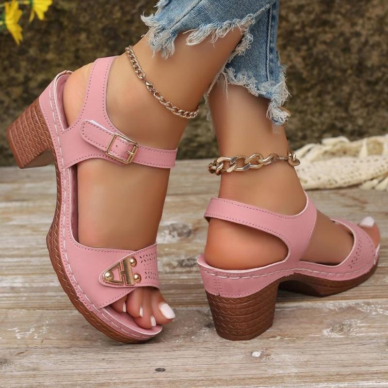 Fashion 2025 new style fashionable and casual toe exposed solid color large-sized round-toe one-line buckle high-heeled sandals