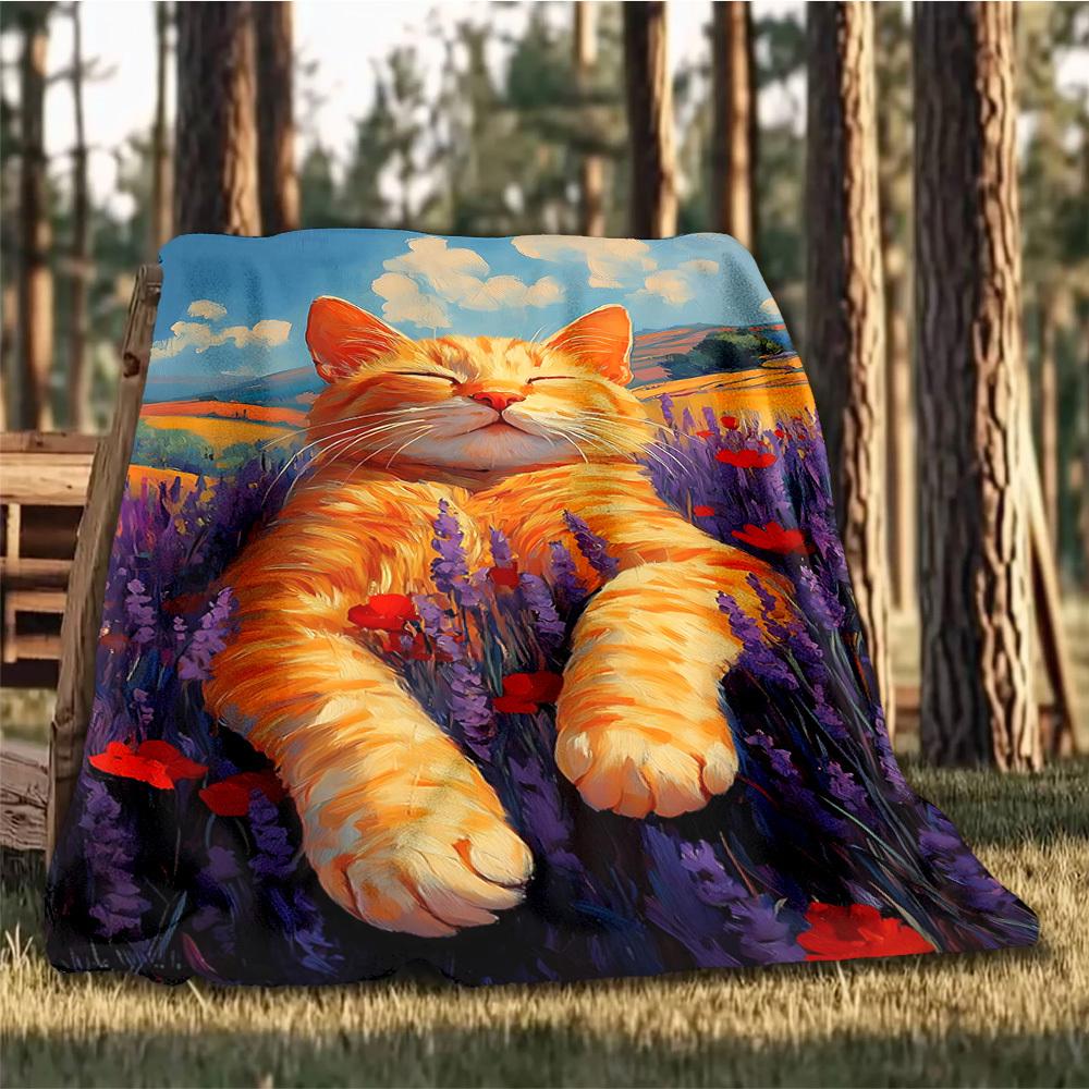 1 Stück Lavendelfeld Katzenmotiv Outdoor Weiche Polyester Flanell Decke Vielseitig für alle Jahreszeiten , Weich , Gemütlich , Warm Ganzjahres gesteppte Decke ,