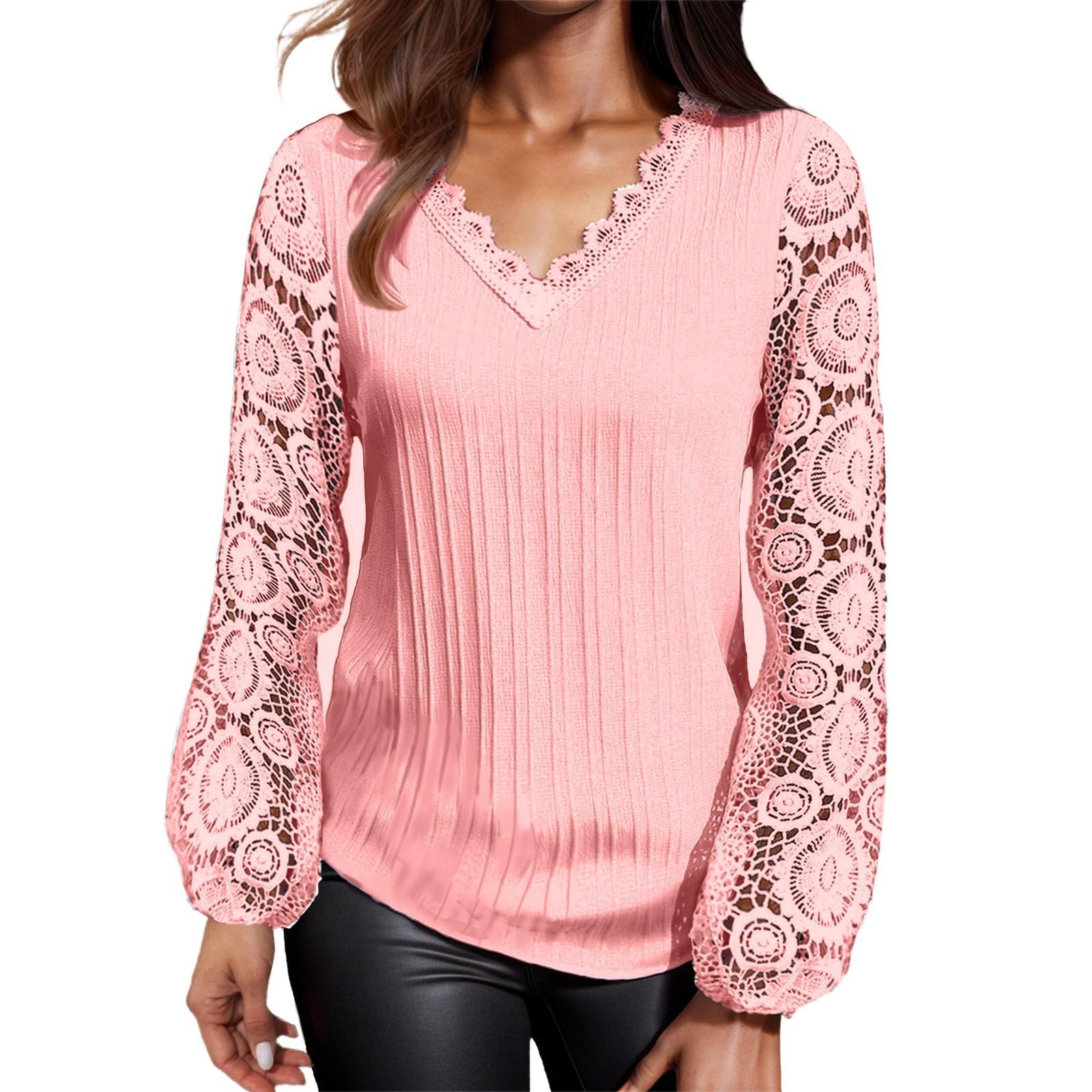 

Женская свободная повседневная футболка с v-образным вырезом и кружевом в стиле пэчворк с длинными рукавами L розовый