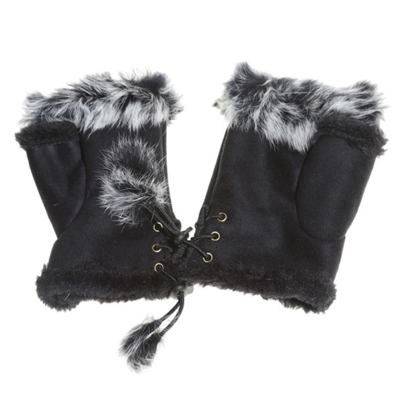High Quality Half Finger Female Gloves Cute Plush Leather Gloves Faux Rabbit Hair Wrist Fingerless Mittens For Women
