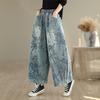 DIMANAF 2025 Plus Size Autumn Jeans New Long Pants Floral Print Women Loose Denim Trousers Big Size Casual