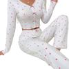 Heart Print V-neck Jacquard Pajama Set for Women - Long Sleeve & Pants
