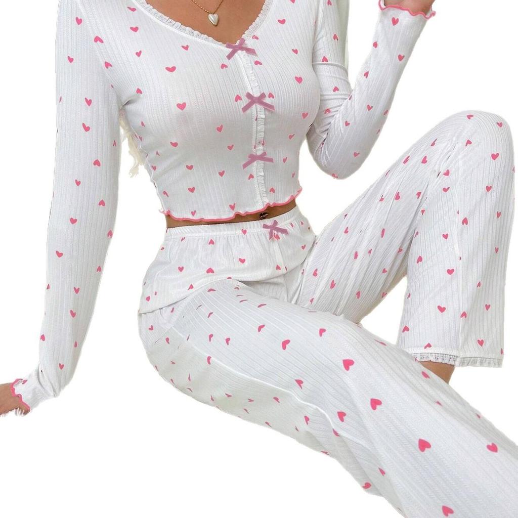 Heart Print V-neck Jacquard Pajama Set for Women - Long Sleeve & Pants