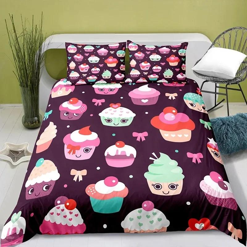 Lovely Cartoon Food King Queen Duvet Cover Pearl Milk Tea Bedding Set Kids Teens Adults Dessert Fries Cola Polyester Quilt Cover