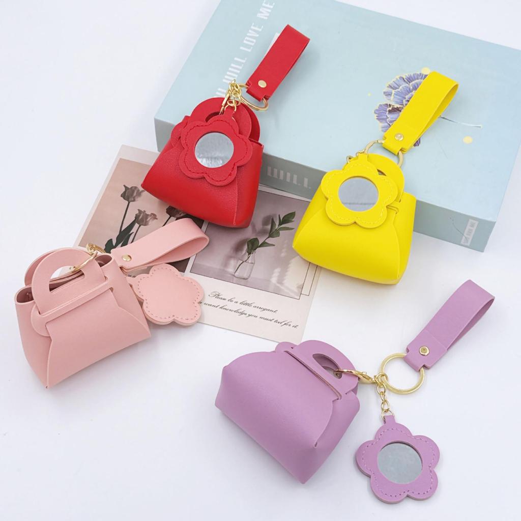 Korean Leather Handbag Keychain with Mini Mirror and Pouch Charm