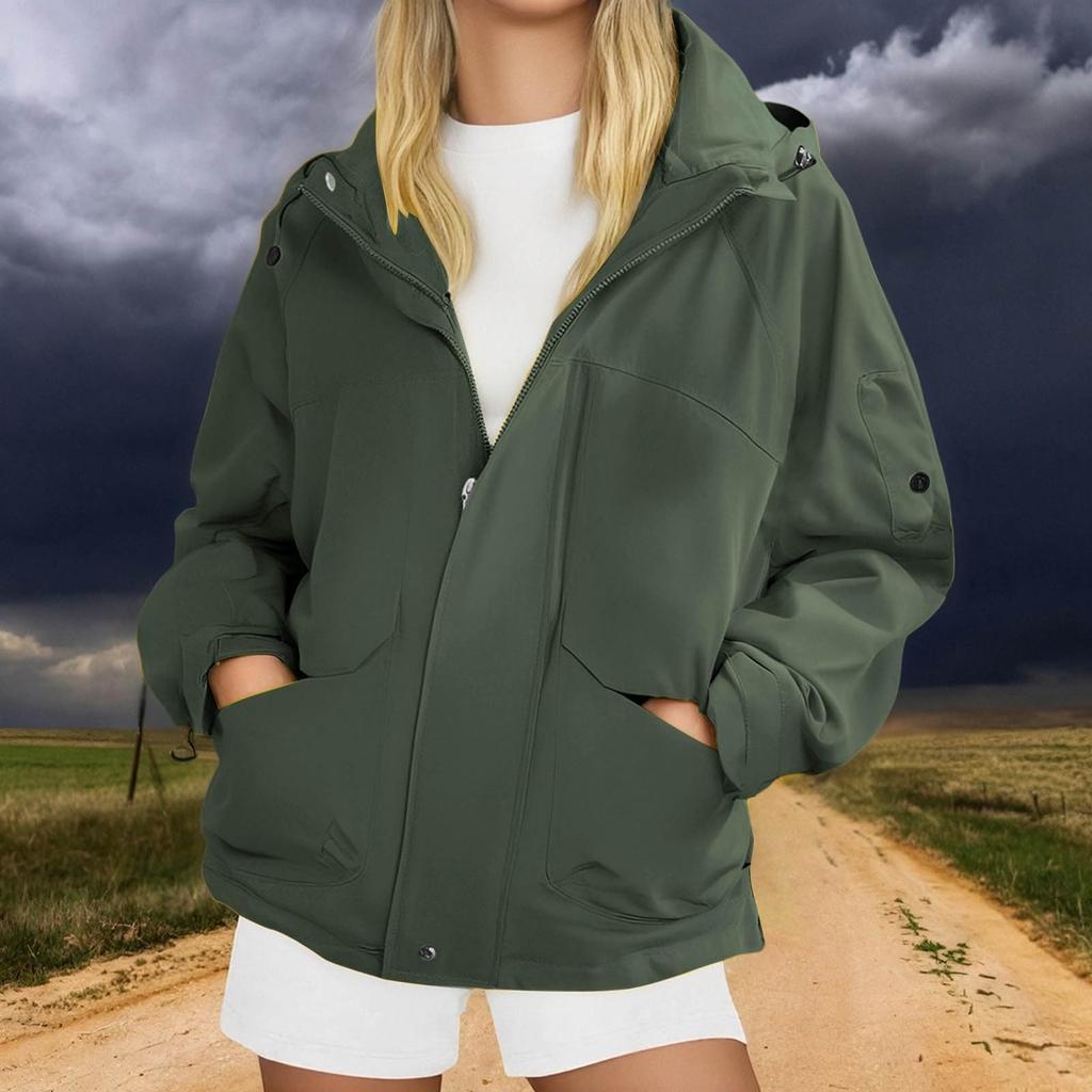 Women's Fashionable Thickened Hooded Outdoor Hiking Jacket Solid-Colour Windbreaker Outerwear