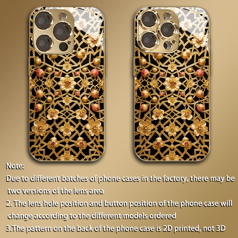 Premium gegalvaniseerde glazen telefoonhoes voor iPhone 17  16  15  14  13  12  11pm Pro Plus. Goudkleurig gestreept bloemenpatroon.