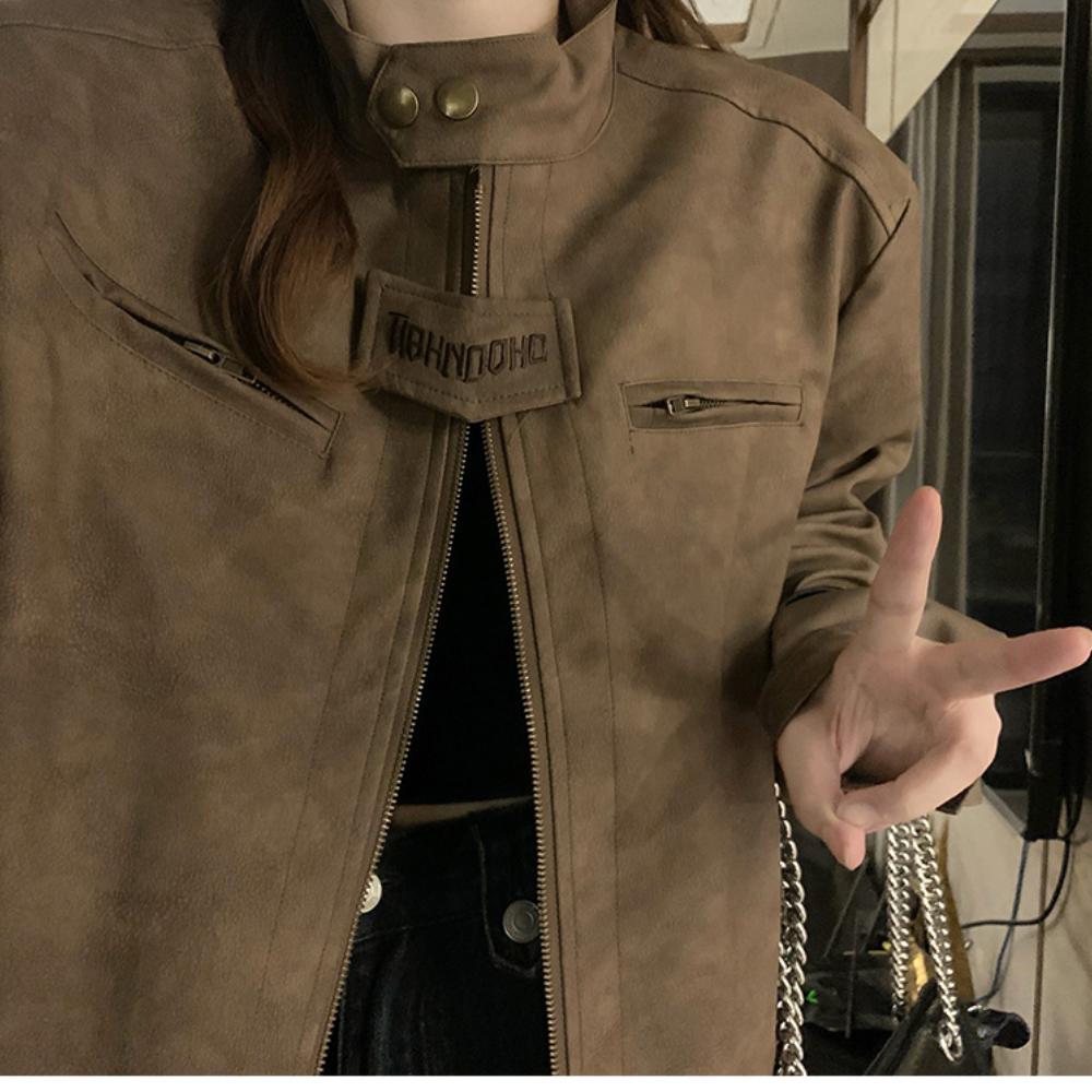 Americká retro hnědá motocyklová kožená bunda Ženy Módní Design Krátká ramenní vycpávka Bunda Grunge Estetický tenký kabát Streetwear