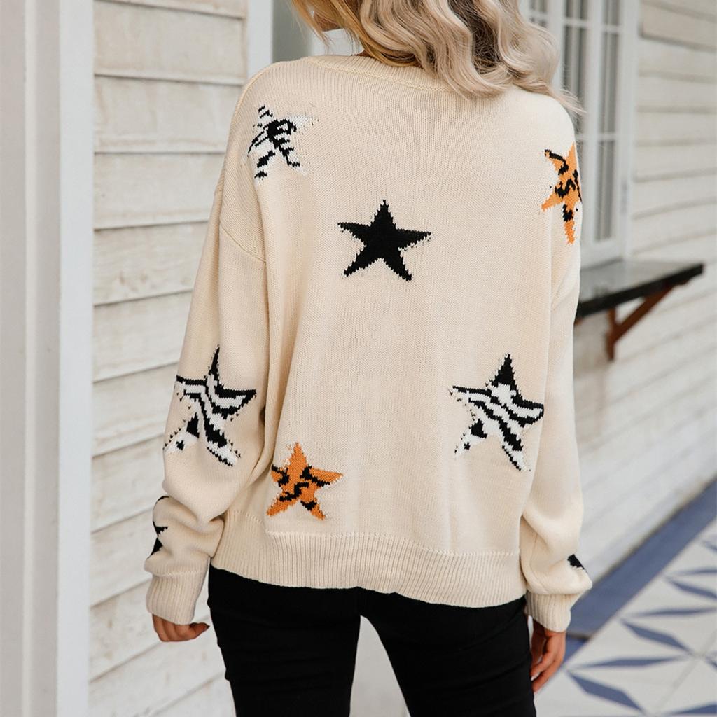 Ladies Fashion Sweater RoundNeck Stars Long Sleeve Knit Pullover Sweater