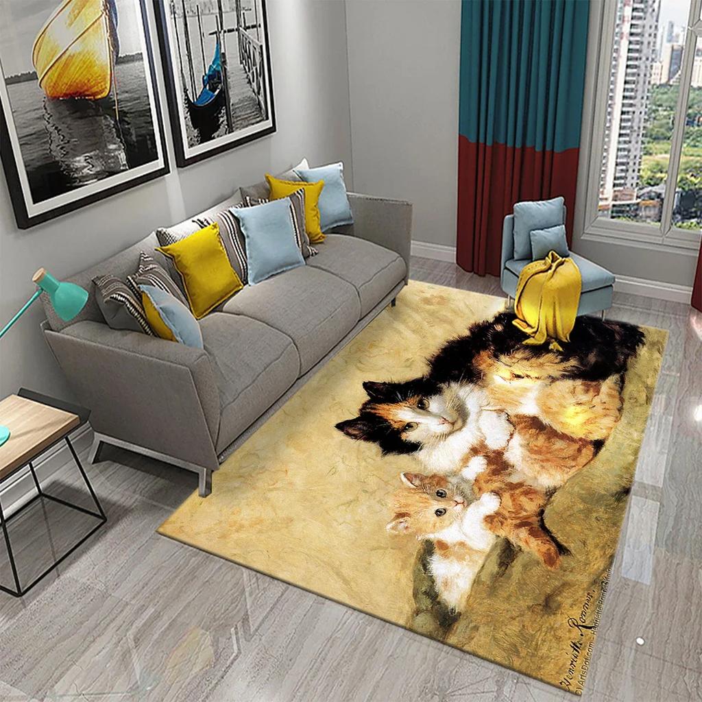 Cute Cat Oil Painting Carpet Bathroom Modern Non-slip Door Mat Kitchen Home Living Room Bedroom Funny Kitty Decor Floor Area Mat
