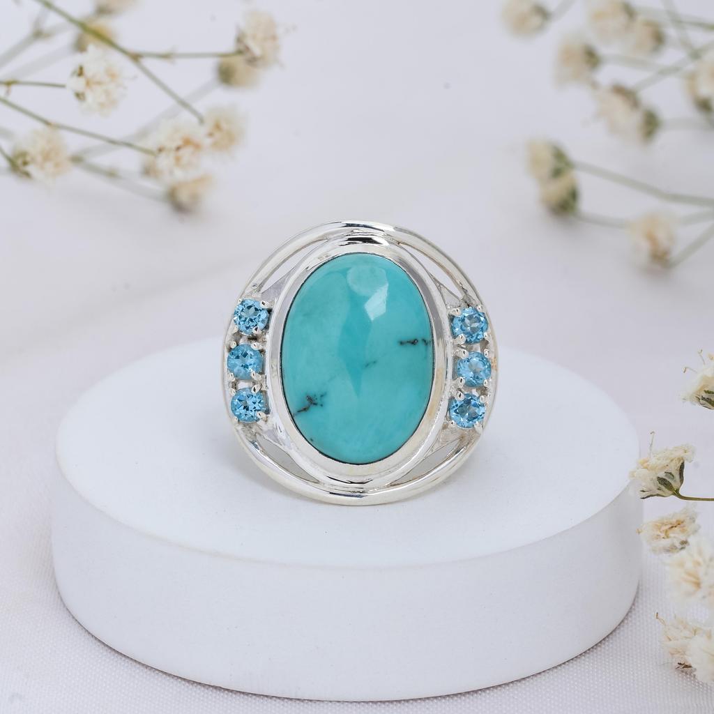 Turquoise & Swiss Blue Topaz Sterling Silver Statement Ring – Elegant Handmade Jewelry Gift, Beautiful blue ring for her, Women's Jewelry gift