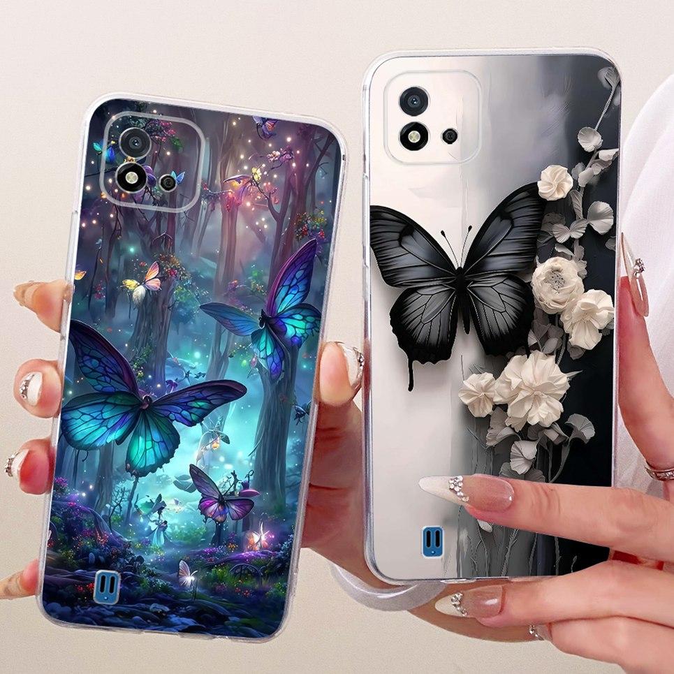 Für Realme C11 2021 C20 C20A RMX3231 Handyhülle Bunte Schmetterlingsblume Damen Girly Weiches Silikon Gehäuse Klare Rückseite