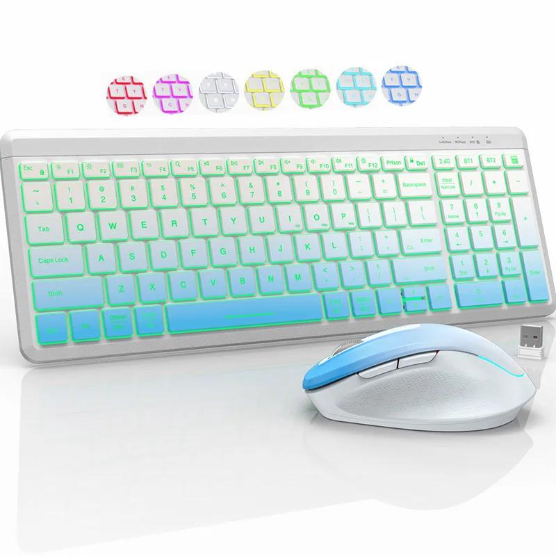 RGB-Hintergrundbeleuchtung, leises kabelloses Tastatur- und Maus-Set, 2,4 GHz Dual-Modus, wiederaufladbares kabelloses Tastatur-Maus-Set für Desktop/Laptop