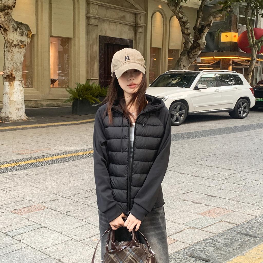 Light and Thin Ribs Cotton Clothes Women's Slim and Versatile Hooded Short Splicing Cotton-padded Clothes Women's New Coats Age Reduction