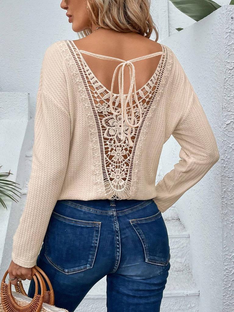 Elegant Women's V-neck Patchwork Fashionable Lace Back Tied Bow Long Sleeved T-shirt Top