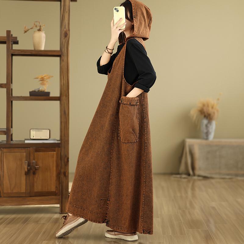 

DIMANAF Women 2026 New Plus Size Summer Denim Dress Vintage Elegant Loose Casual Basic Hooded Dresses Maxi 3XL коричневий