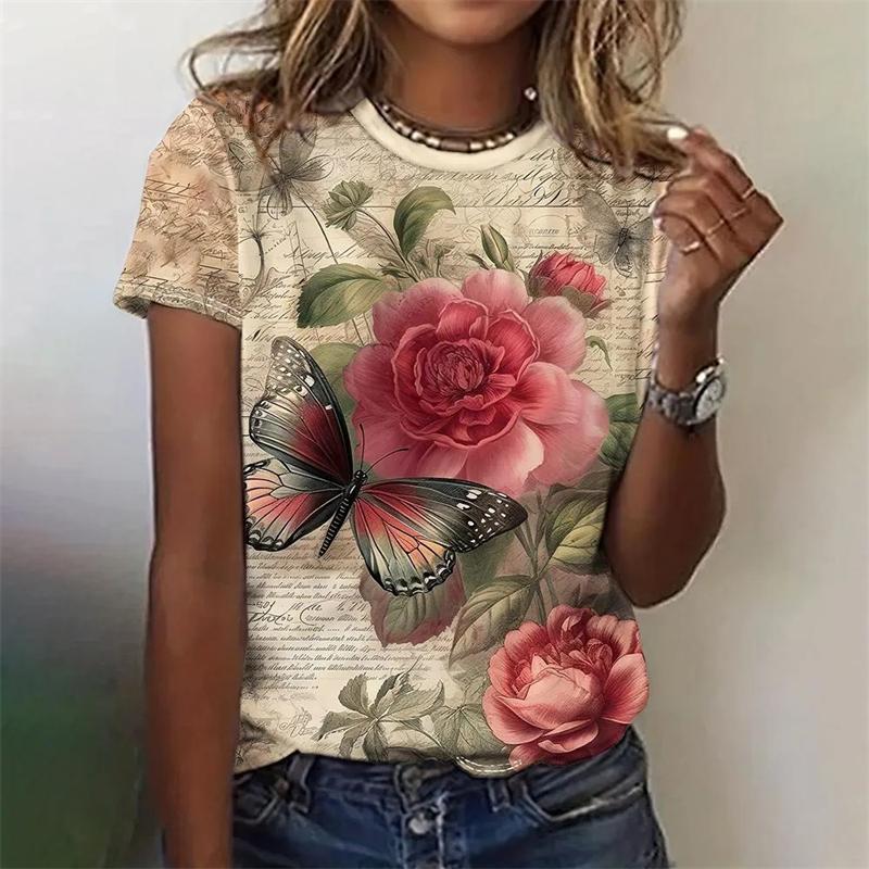 Romantic Retro 3D Print Butterfly Graphic Women T-shirt Round Neck Short Sleeve Tee Summer Funny Casual Insect Personality Shirt
