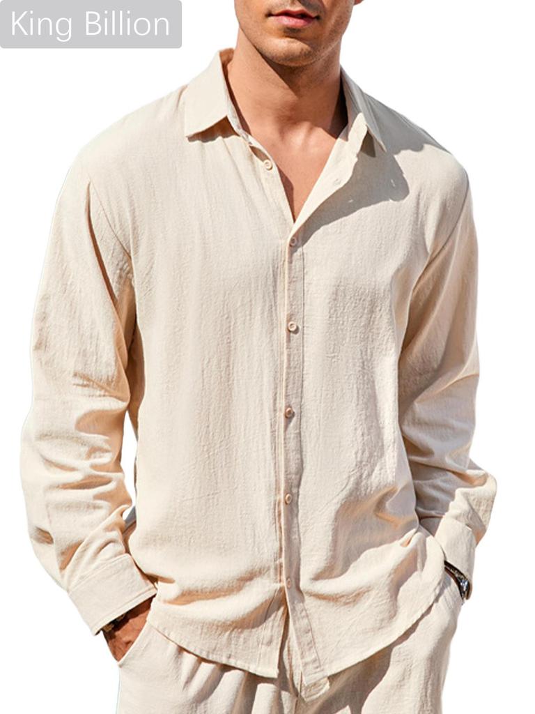 Spring Summer Men's Cotton Linen Shirt Long Sleeve Solid Color Casual Vacation Beach Lightweight Cozy Shirt