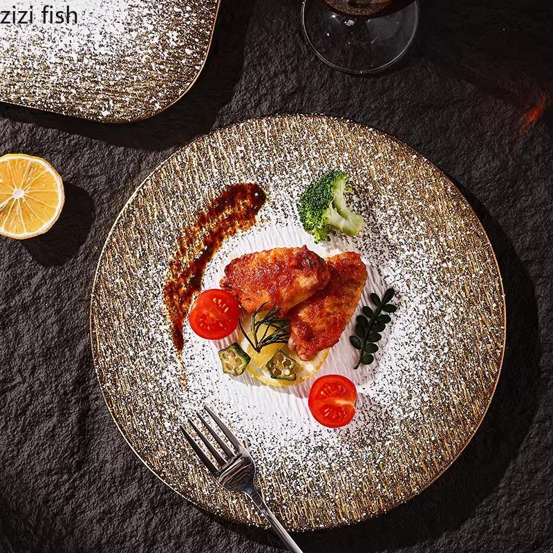 Farfurie ceramică creativă cu model de piatră mată aurie, farfurie pentru friptură, farfurie pentru desert, farfurii pentru sushi, bucătărie moleculară, veselă pentru hotel
