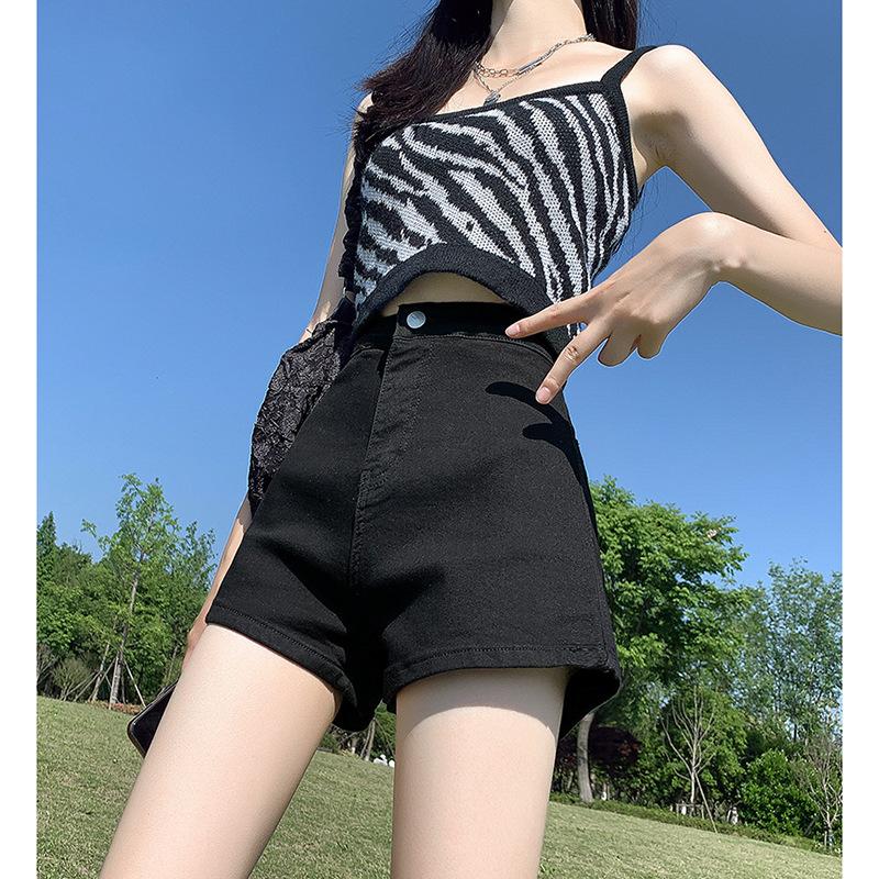 

High-waisted Black Denim Shorts for Women Simple and Versatile Tight and Hip-covered Pants XL чёрный