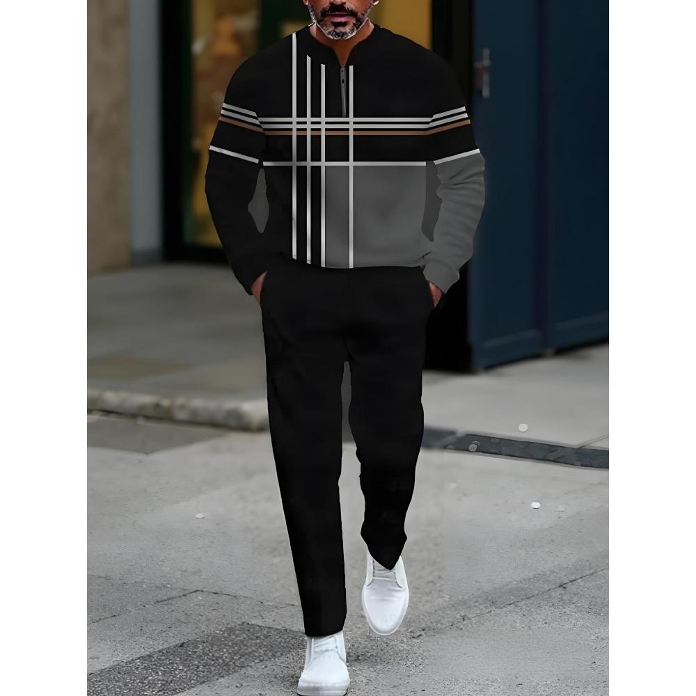 Spring Autumn Fashion Streetwear Men's Long-Sleeved Half-Zipper Stand-Up Collar Casual Sportswear Men's Clothing Two-Piece Set