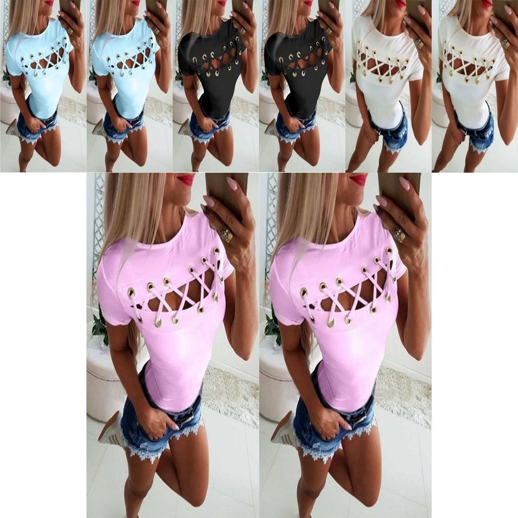 Elegant Sexy Ladies Women's Short Sleeve Cross Lace Up Bodycon Blouse Tops Slim T-shirt