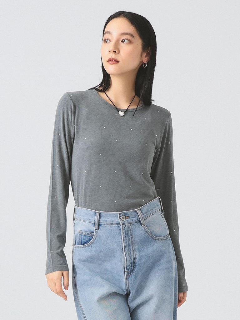 Ray Beams L/S Tee Hotfix Crew Neck Cut and Sew, Women's, Gray, One Size