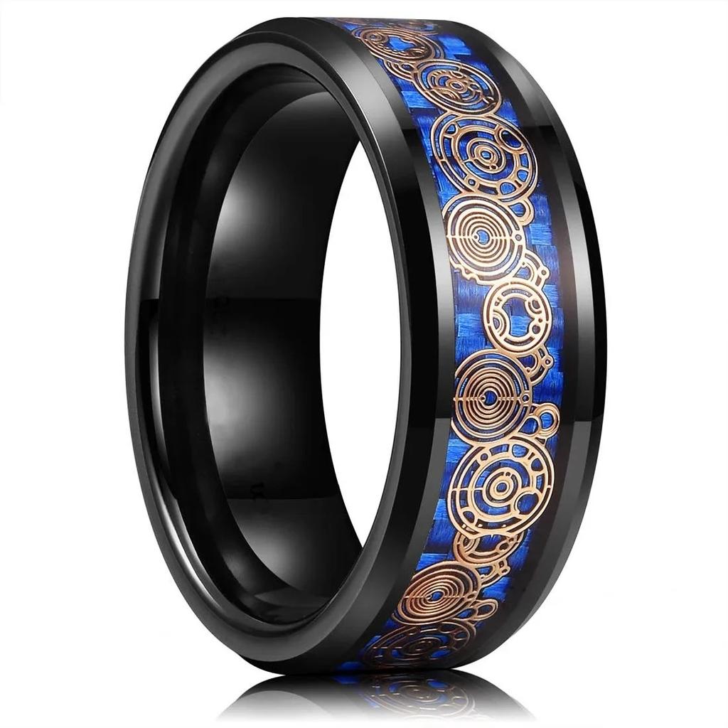 Fashion 8mm Stainless Steel Rings for Men Unique Pattern Inlay Black Carbon Fiber Stainless Steel Rings Men Wedding Band Jewelry