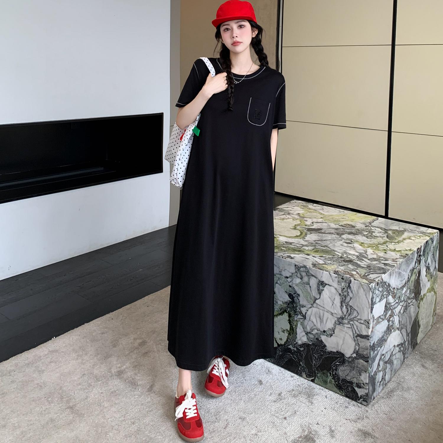 

DIMANAF 2025 Women Summer Long Dress Vintage Short Sleeve Shirt Black Dress Basic Casual Loose Plus Size Dress 3XL чёрный