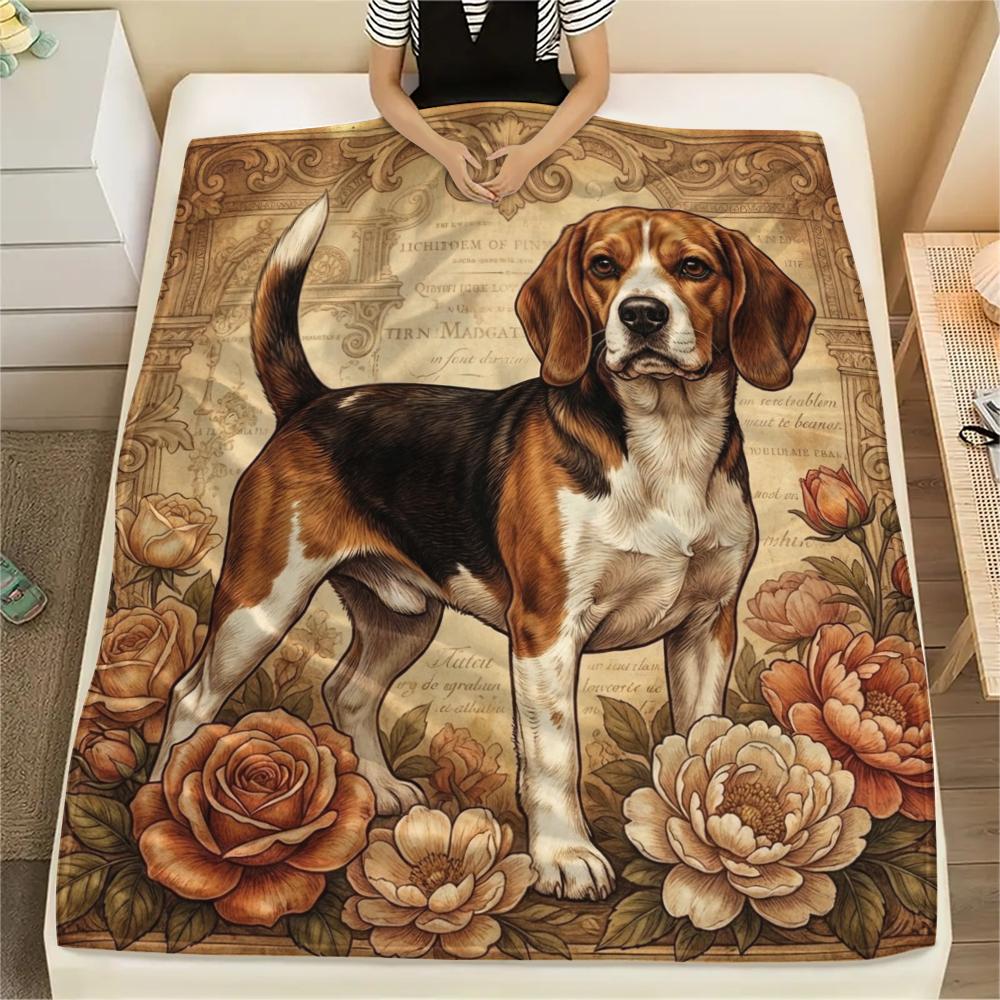 1PC Retro Pet Puppy Print Flannel Blanket, High quality All Seasons, Home Decor, Warmth and Comfort, Perfect for Christmas Gifts