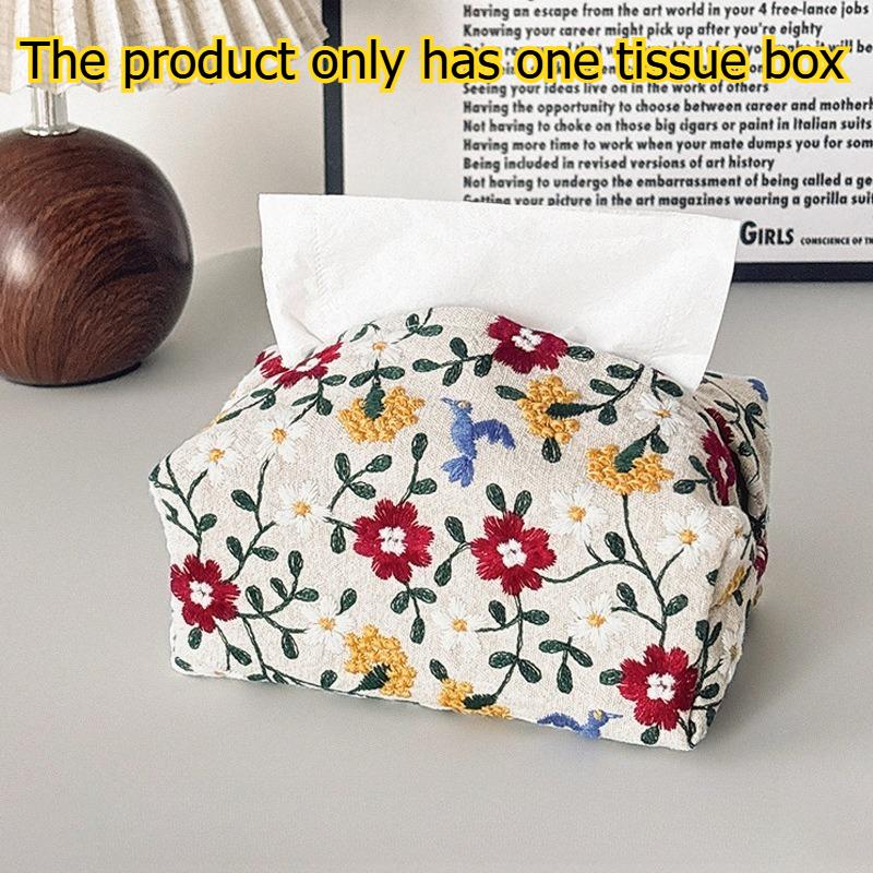 1pcs Floral Embroidered Fabric Tissue Box Decorative Desktop Tissue Organizer for Home Bedroom & Living Room