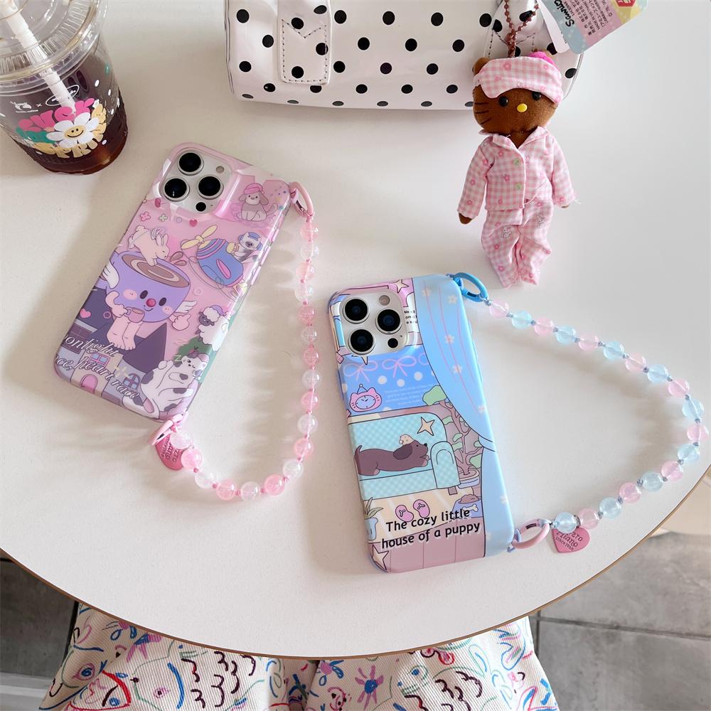 For iPhone 16 Pro Case IMD Cartoon Pattern TPU Phone Cover with Beaded Strap