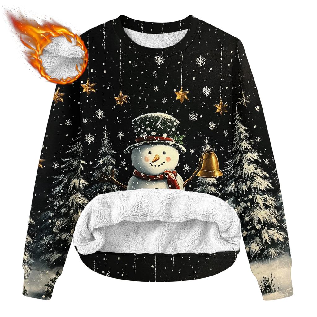 Women's Fashion Casual Long Sleeve Christmas Printed Round Neck Plus Velvet Thickened Sweatshirt