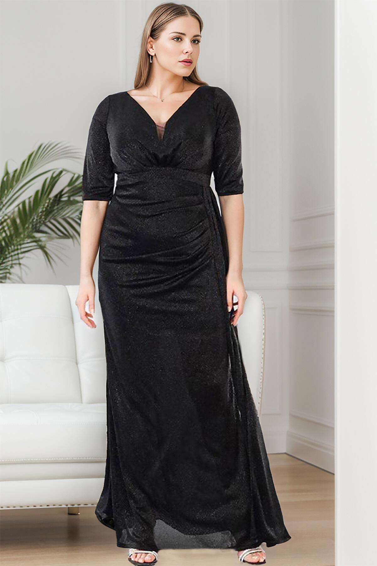 

Серебристое длинное вечернее платье с рукавами до локтя больших размеров