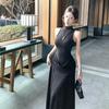 Feminine Celebrity New Sleeveless Vest Hip Dress Pleated Waist Thin Slit Long Dress