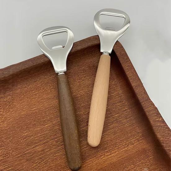 Beer Bottle Opener, Stainless Steel Cap Remover with Beech Wood Handle, Heavy Duty Opener for Kitchen Bar Camping Outdoor Travel