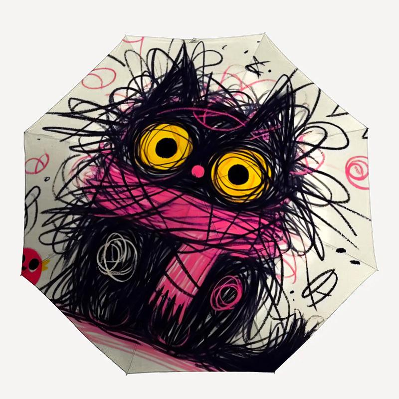 

1pc Whimsical Cat Creature Scribble Art Automatic Folding Umbrella - Compact 8-Rib Design, Durable Plastic & Iron,