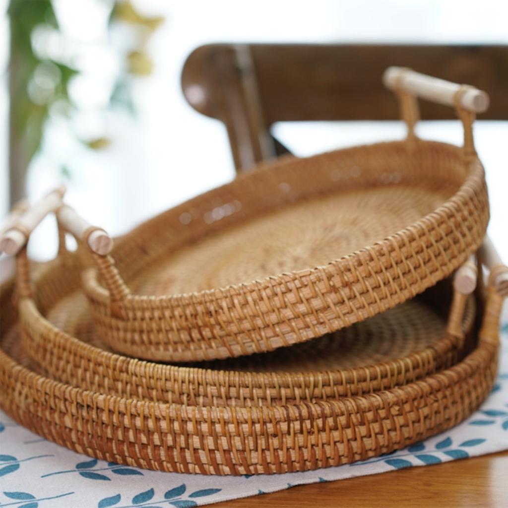 Round Rattan Bread Basket Woven Serving Tray with Handles for Cracker Dinner Parties Coffee