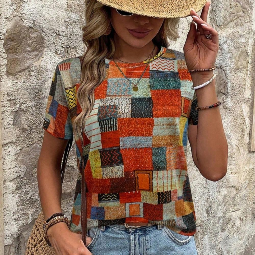 Women's Fashion Color Block Short Sleeve T-Shirt For Summer Geometric Graphic Tees Casual Round-neck Women Tops