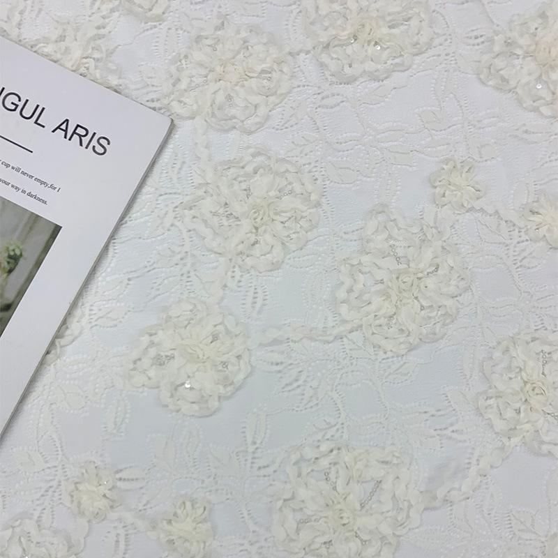 Pink Lace Fabric Roll with 3D Flower, Bead, and Sequin Embroidery for Children's Clothing Accessories