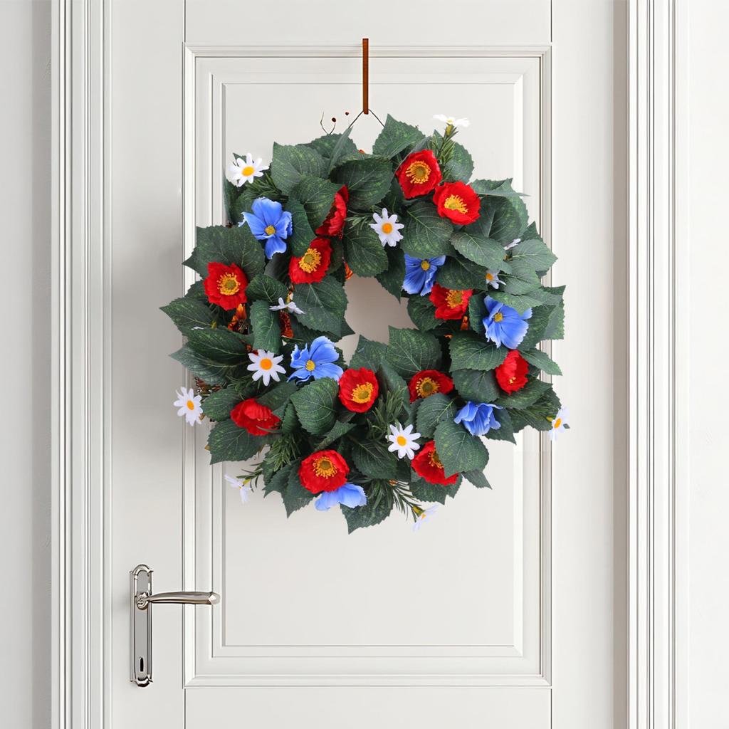 Independence Day Red And Blue Small Flower Wreath Window Wall Hanging Holiday Simulation Flower Deadwood Rattan Wreath Door Hanging