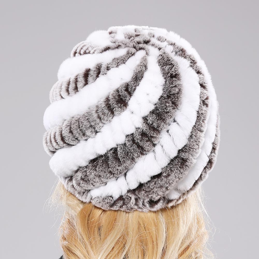 Dam Vinter Varm Äkta Rex Kaninpäls Hatt Snömössa Vinterhattar för Kvinnor Flickor Äkta Päls Stickad Skullies Mössor Naturlig Fluffig Hatt
